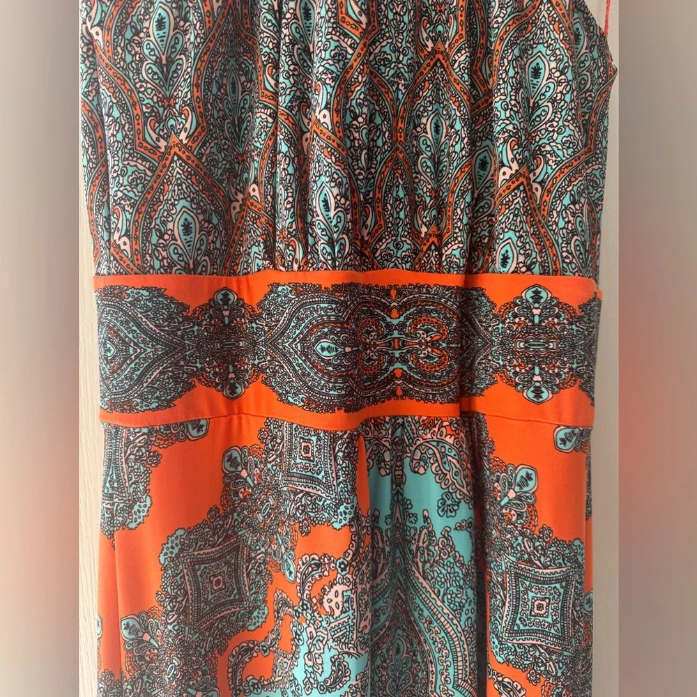 London Times Size 12 Medallion Sleeveless Halter Maxi Dress Orange and Blue NWOT
